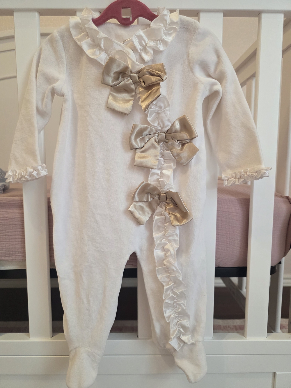 White Baby Footed One-Piece with Satin Champagne Bows